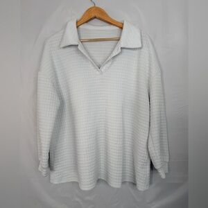 SHEIN Curve White Waffle Knit Collared Pullover Long Sleeve Plus 1XL